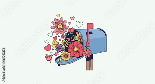 A charming illustration of an open blue mailbox overflowing with colorful flowers and floating hearts.