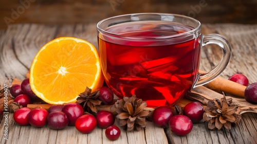 Warm Cranberry Tea with Orange and Spices Winter Drink