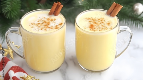 Two Cups of Delicious Creamy Eggnog with Cinnamon Sticks for Christmas