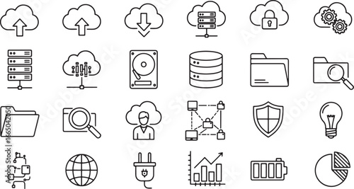 A versatile set of outline icons illustrating key digital infrastructure components cloud computing, secure data storage, server management, network security, global connectivity, and analytics