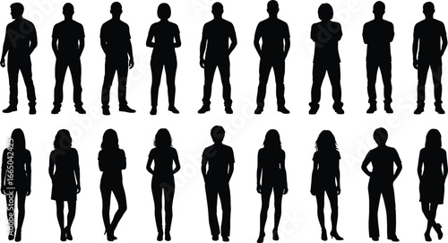 Silhouette vector illustration of diverse men and women standing in various poses, representing lifestyle, fashion, posture, and inclusive human concepts