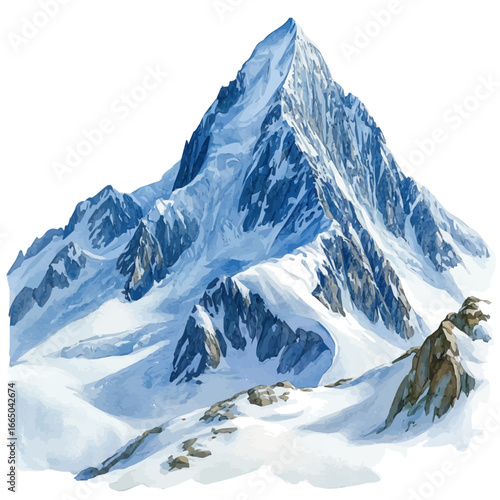 Snow-covered Mountain, watercolor vector, isolated on a white background.