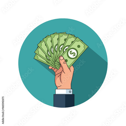 Hand holding a fan of money on a teal background on transparent background