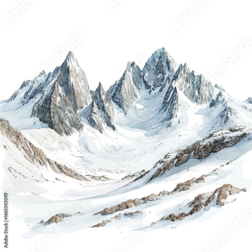 watercolor vector of Snow-covered Mountain Peaks, isolated on a white background.