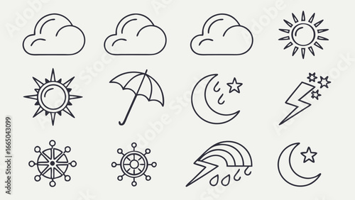 Weather set of web icons in line style. Forecast weather icons for web and mobile app. Forecast, clouds, sunny day, wind, snowflakes, sun, rain, thunder storm, dew, wind, moon. Vector illustration