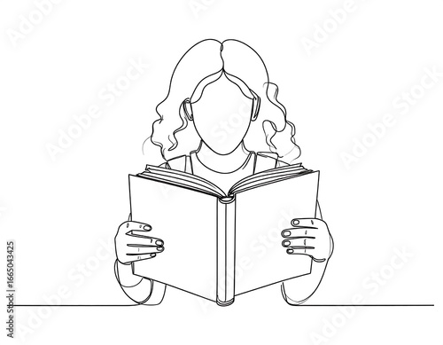 Continuous line drawing of a person reading a book