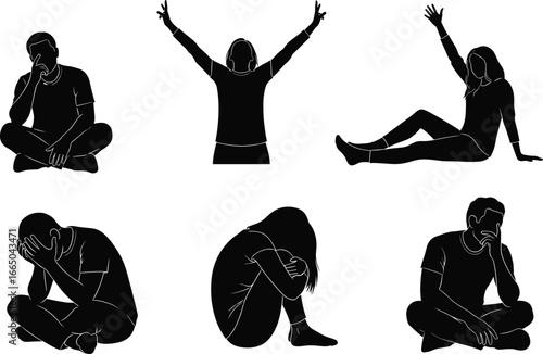 Silhouette vector illustration of people in seated and kneeling poses expressing emotions, gestures, and body language for psychology and communication concepts
