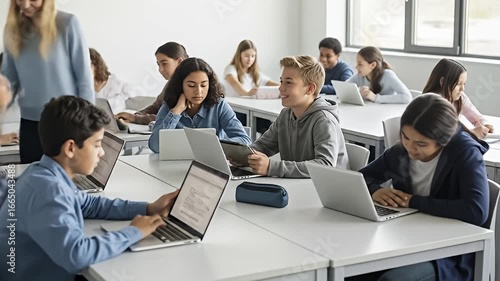 Students learn using laptops and tablets in a modern classroom, teacher assists