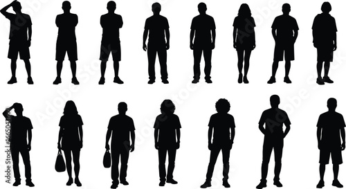 Silhouettes of sixteen standing people in varied postures and hairstyles, black and white vector art for body language and character design