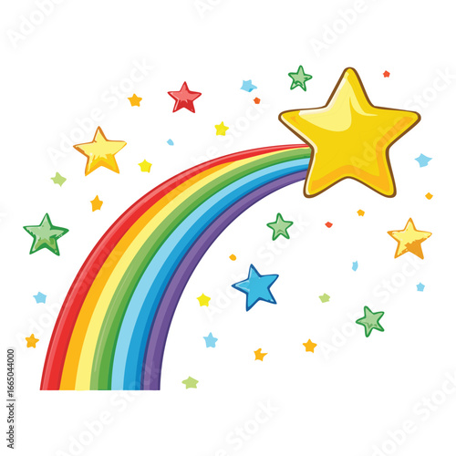 Vibrant shooting star with a glowing rainbow trail and bright stars, a dynamic and cheerful design for celebratory occasions.
