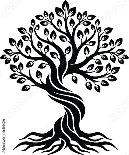 Stylized tree with twisted trunk, symmetrical branches, decorative roots, pointed leaves, black and white vector nature art symbolizing balance, growth, and beauty