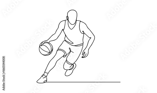 One line drawing of basketball player dribbling ball