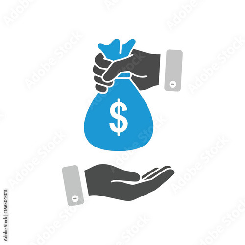 Hand holding a bag of money over another open hand on transparent background