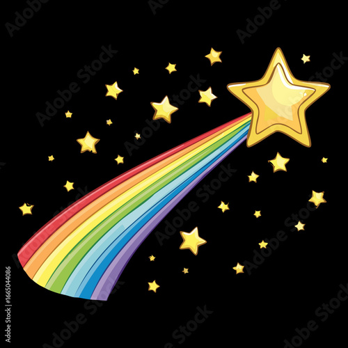 Graceful shooting star with a classic colorful rainbow trail on a cloudy background, a nostalgic and charming visual.
