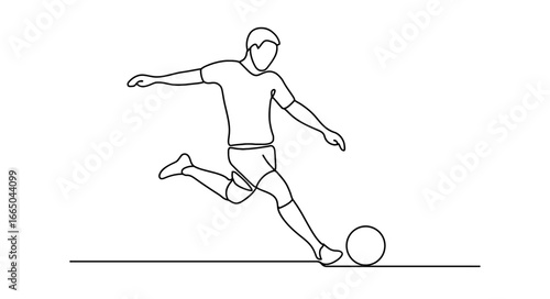 Minimalist one line art of soccer player kicking a ball