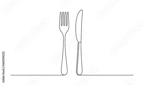 Minimalist one line art of knife and fork on white background