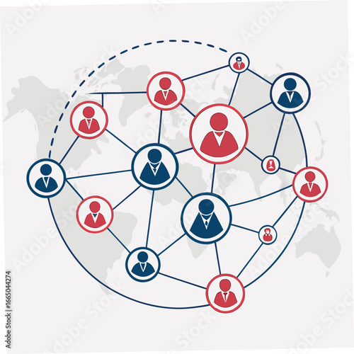 Connected global network of people represented by blue and red icons against world map background