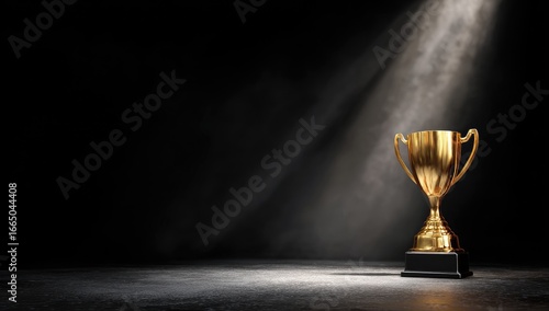 A gold trophy sits on a dark surface, dramatically lit by a single spotlight, casting a hazy beam across a mostly black background