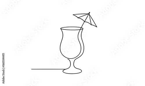 Minimalist one line drawing of cocktail glass with umbrella