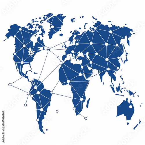 Global network representation displays a blue world map connected by a white line structure