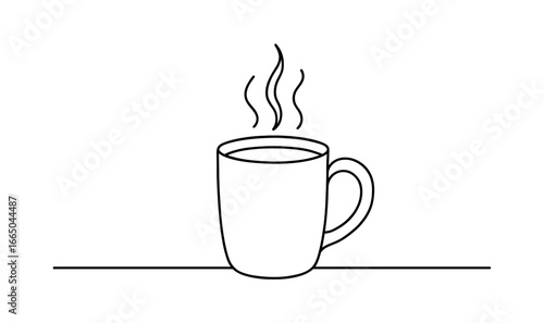 Minimalist line drawing of a hot steaming coffee mug