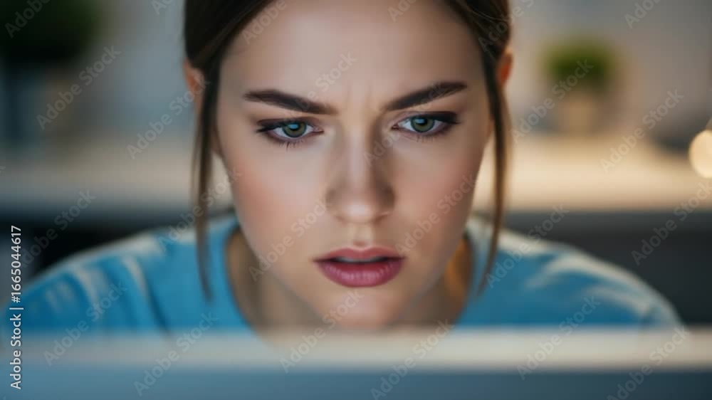 Focused young woman working late at night concentrating on a computer screen working diligently Focused young woman working late at night concentrating on a computer screen working diligently