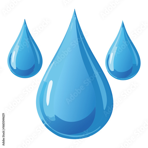 Realistic water drops illustration with a vibrant blue color, perfect for designs promoting freshness, purity, and hydration.

