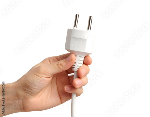 A person's hand firmly grips a standard white electrical plug, ready for connection to a power source.