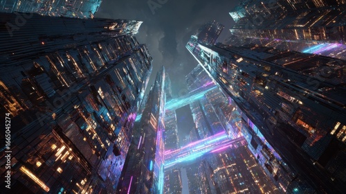 Fototapeta Naklejka Na Ścianę i Meble -  Futuristic city night, vibrant lights, upward view, skyscrapers, digital art