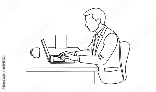 Business professional typing at desk with laptop and coffee in minimalist outline style