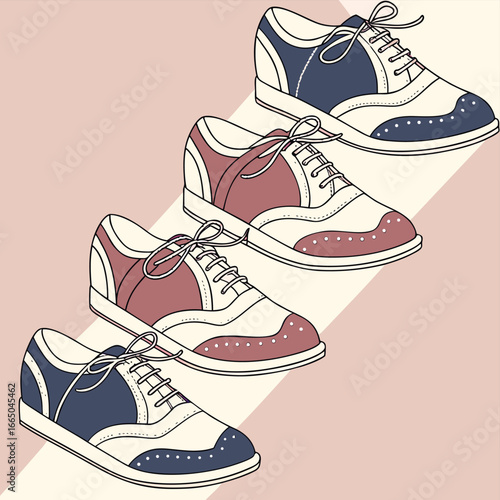 Four retro wingtip brogue shoes in blue and burgundy colors arranged diagonally wingtip shoes brogues