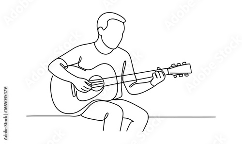 Musician playing acoustic guitar in simple continuous line art drawing
