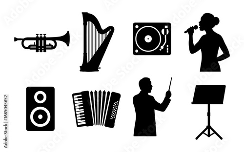 Silhouette icons of musical instruments and performers for creative projects