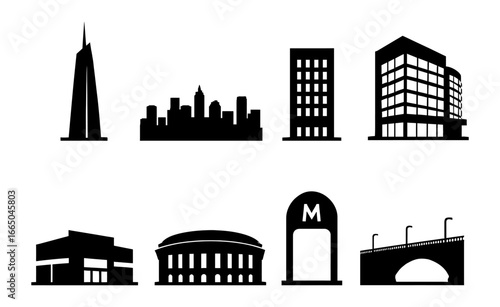 City building silhouettes: skyline, skyscrapers, and infrastructure icons