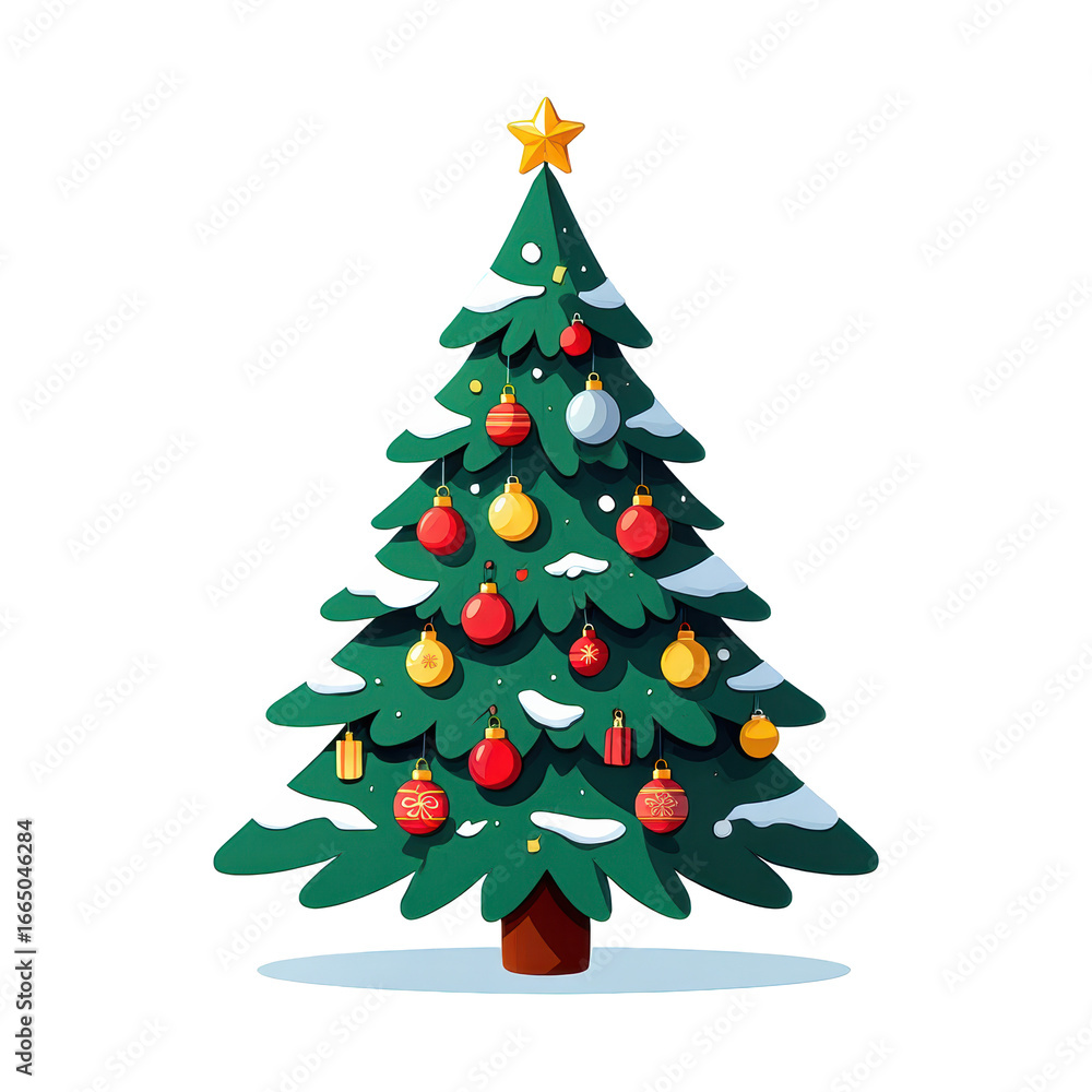 Fototapeta premium Flat Vector Snowy Decorated Christmas Tree. PNG.