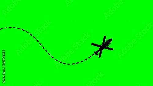 helicopter flying through dash line, left to right. Dashed line route animation on green background 4k video
