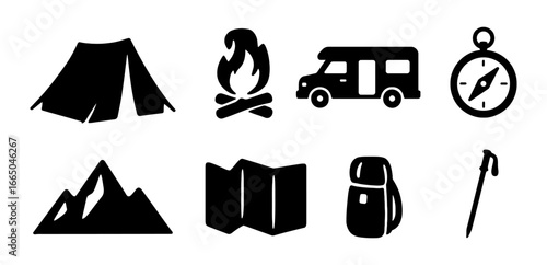 Silhouette icons of outdoor adventure gear and activities for camping enthusiasts