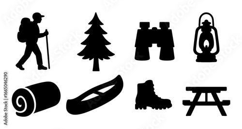 Silhouette icons of camping gear and outdoor adventure essentials
