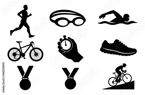 Silhouette icons of running, cycling, and swimming with medals and stopwatch