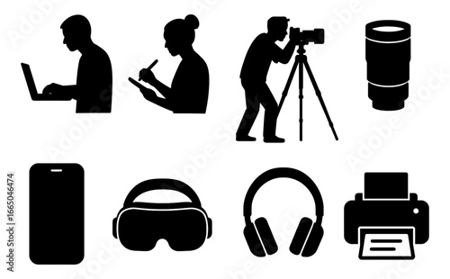 Silhouettes of digital creators and gadgets for modern media creation