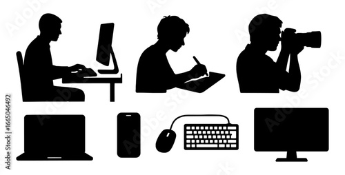 Silhouette icons of digital professions and technology tools