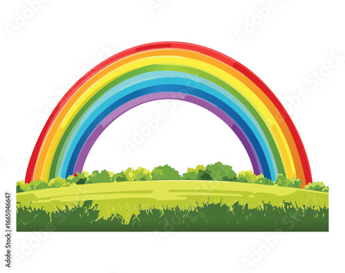A bright rainbow rising from a lush green field with scattered clouds in a blue sky.