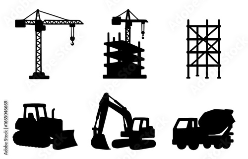 Silhouette construction equipment and building icons for industrial projects