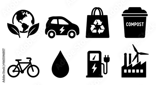 Eco-friendly icons: sustainable transport and energy concepts in black silhouette style