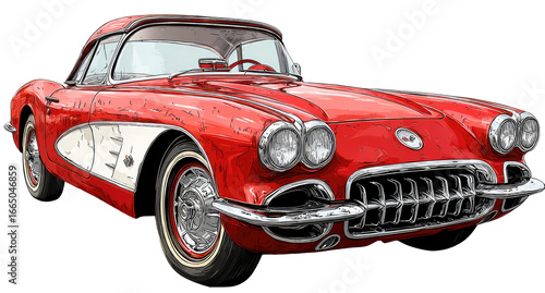 Red vintage convertible car, distressed look