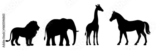 Animal silhouettes: lion, elephant, giraffe, and horse in black silhouette design