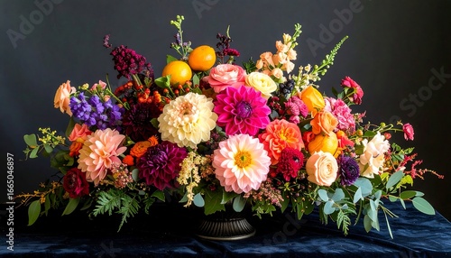 Wallpaper Mural A vibrant floral arrangement in a dark-hued vase, overflowing with a profusion of blossoms in various shades of pink, orange, and red, set against a dark background. Torontodigital.ca