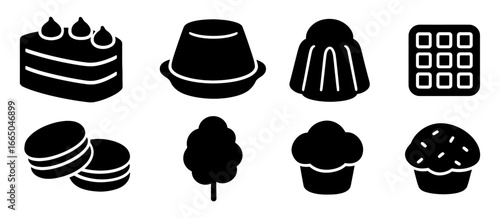 Silhouette icons of desserts and sweets: cake, jello, gummies, waffle, macarons, cotton candy, cupcake, muffin