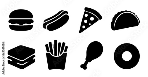Silhouette icons of fast food favorites: burger, hot dog, pizza, taco, and more