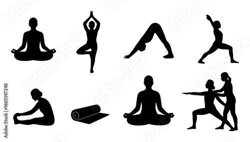 Silhouette yoga poses collection with yoga mat on white background
